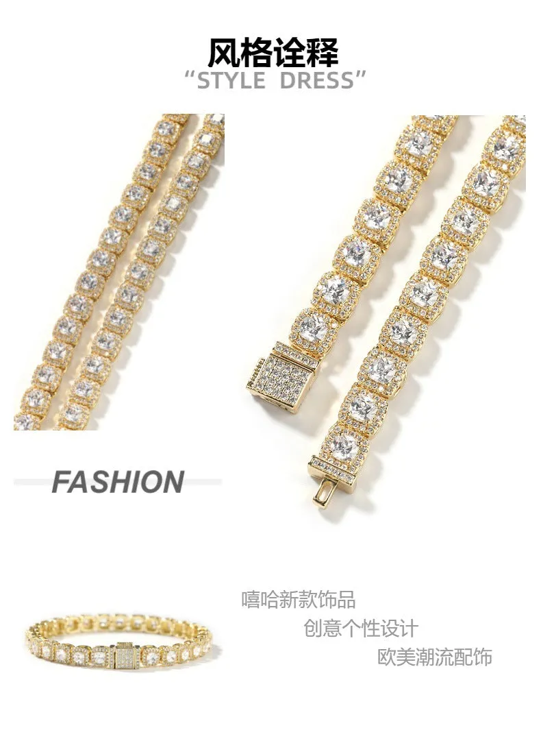 Zircon Hip Hop Necklace 7mm Gold Plated Rock Candy Chain