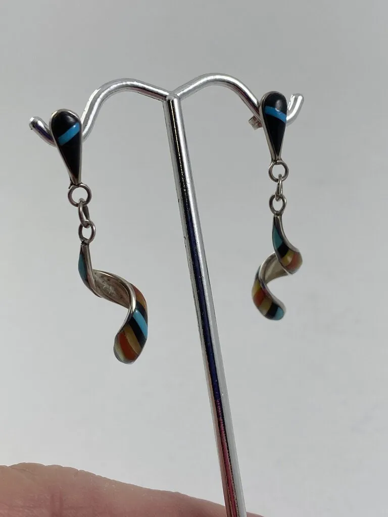 Zuni Sterling Silver Dangle Spiral Earring Inlaid Turquoise Black Onxy Coral MOP Signed /r