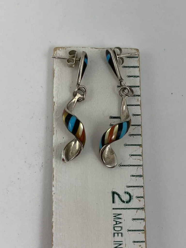 Zuni Sterling Silver Dangle Spiral Earring Inlaid Turquoise Black Onxy Coral MOP Signed /r